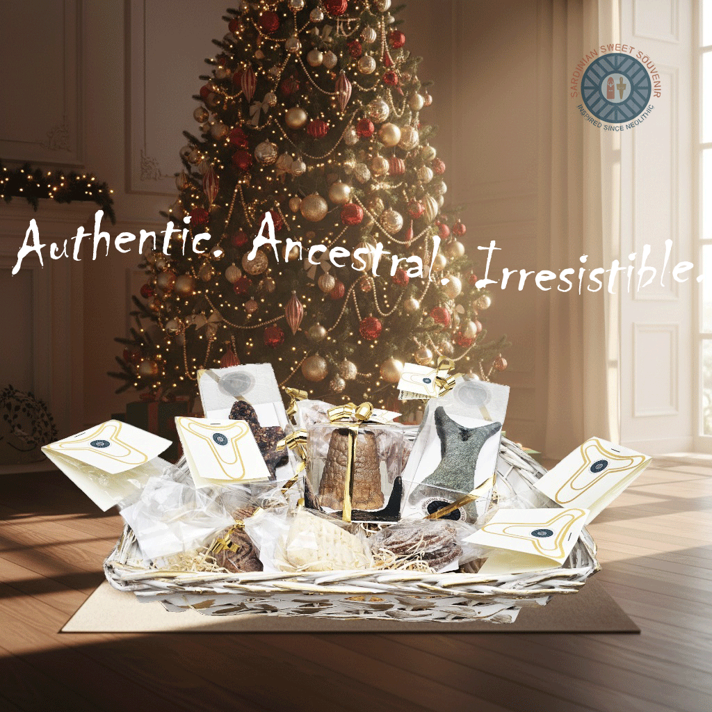 Cesta di dolci sardi artigianali con decorazioni a tema Sardegna millenaria