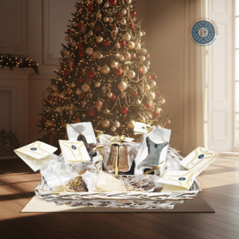 Cesta di dolci sardi artigianali con decorazioni a tema Sardegna millenaria